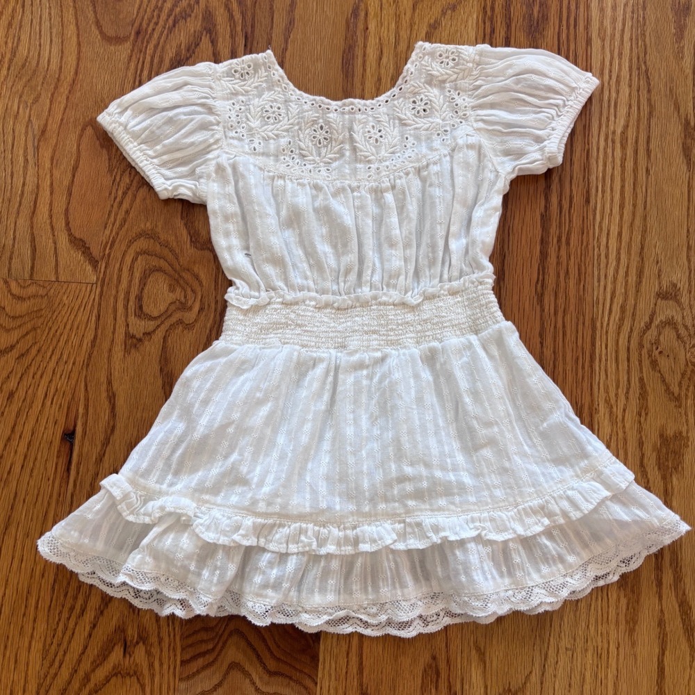 LoveShackFancy Girls White Eyelet‎ Smocked Ruffle Dress Size 3-4Y Bohemian